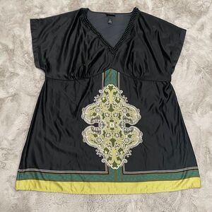 Lane Bryant Silky Beaded V-Neck Tie Back Dress Plus Size 28 Black & Green Boho‎